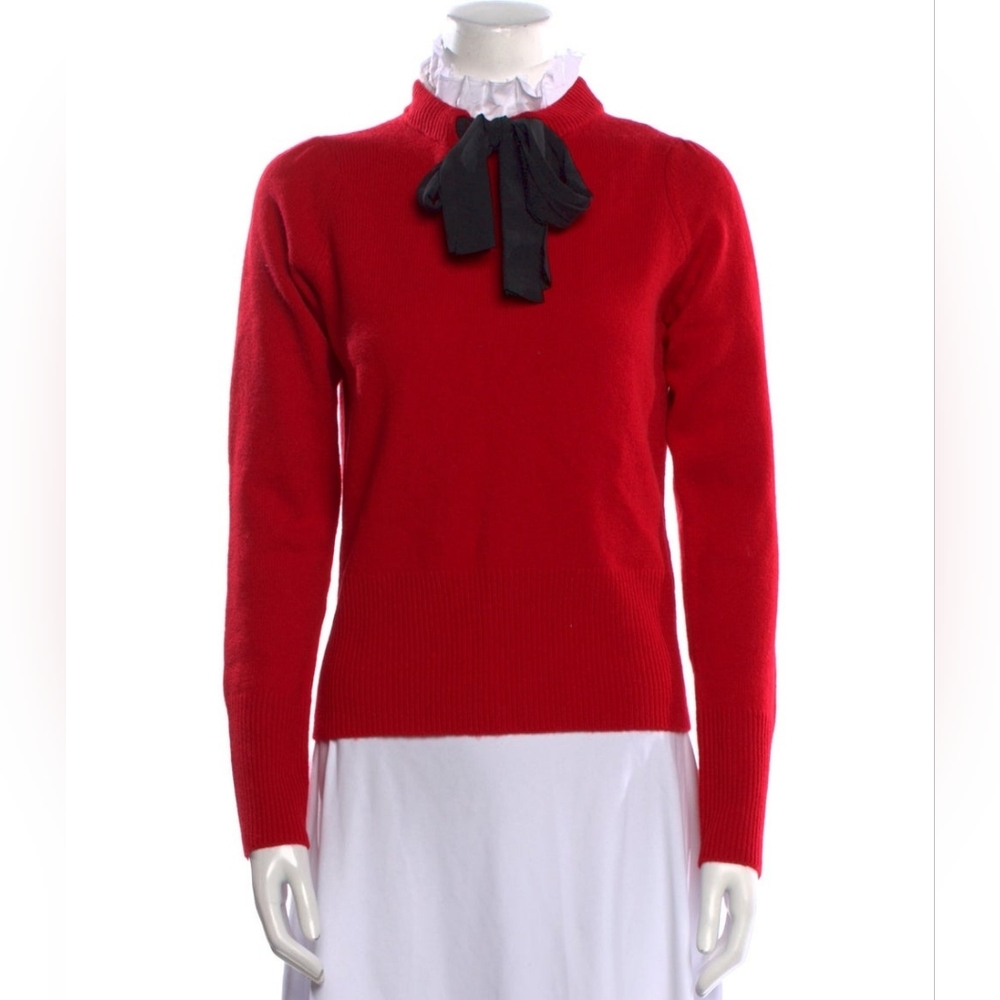 GORGEOUS Sandro Paris 100% Wool Red Puff Sleeve Sweater w/Black Silk Tie, Sz M